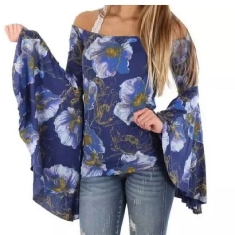 Free People | Birds of Paradise Blue Off Shoulder Floral Bell Sleeves Top Size S - Picture 9 of 9